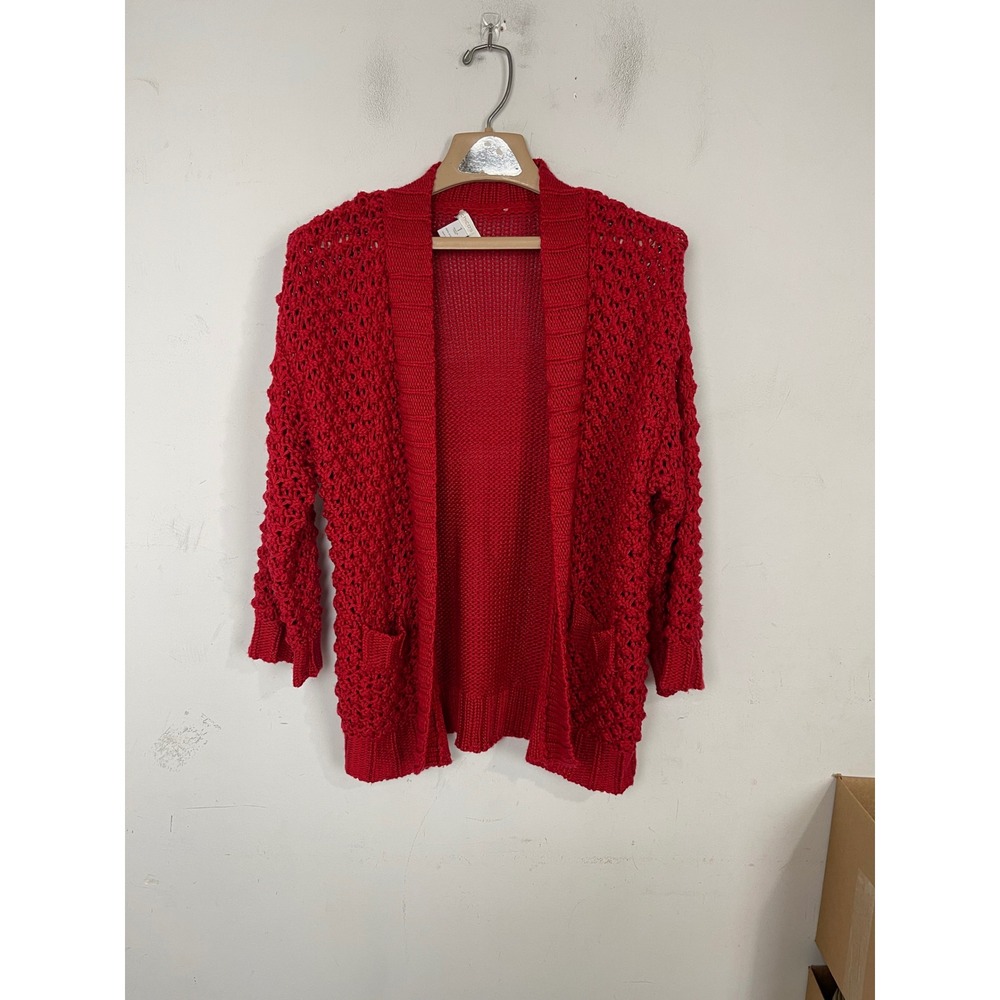 Chicos Red Open Front Cardigan Sweater Crochet Knit Sleeve Pockets Size 1 M